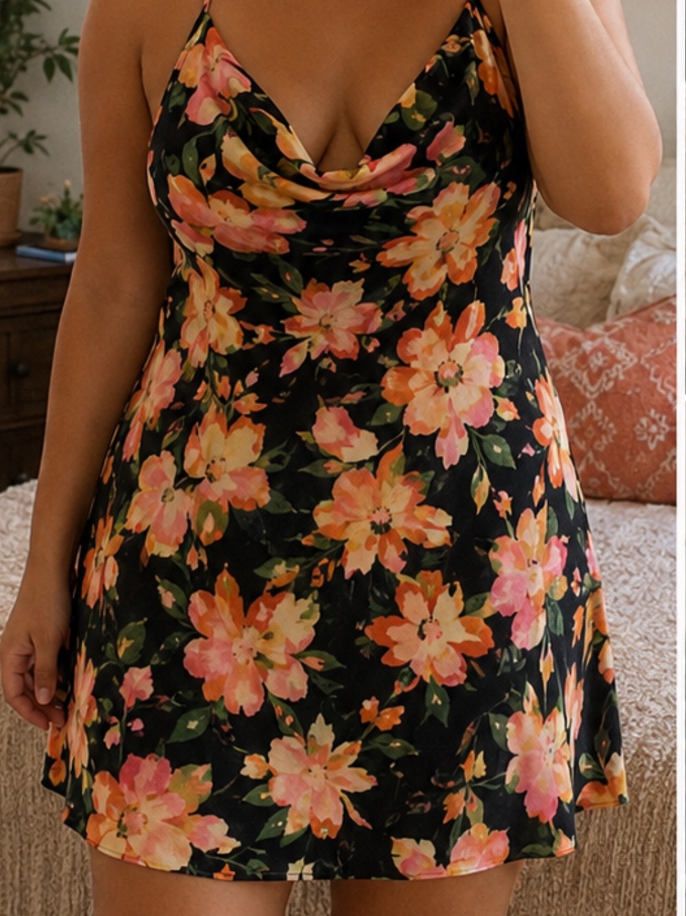 H&M Black Floral Cowl Neck Mini Dress with Pink & Peach Blooms - NWT